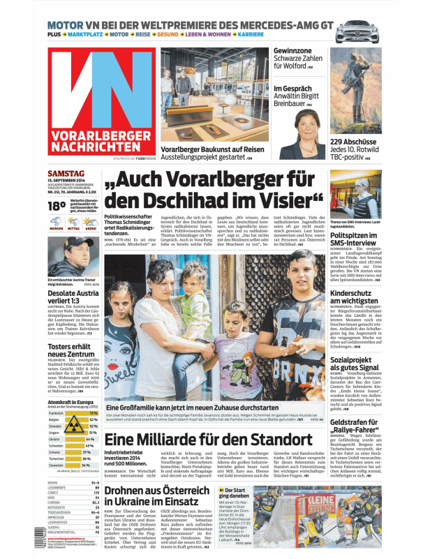 Titelseite der Vorarlberger Nachrichten vom 13. September 2014.