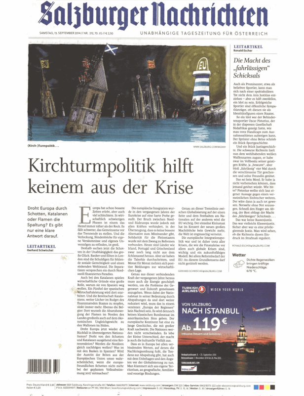 Eine Karikatur in der Salzburger Nachrichtenzeitung zeigt Wahrzeichen europäischer Regionen, die im Wasser versinken.