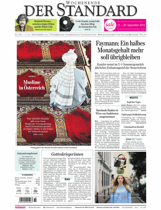 Titelseite der Zeitung „Der Standard“ vom 13./14. September 2014.