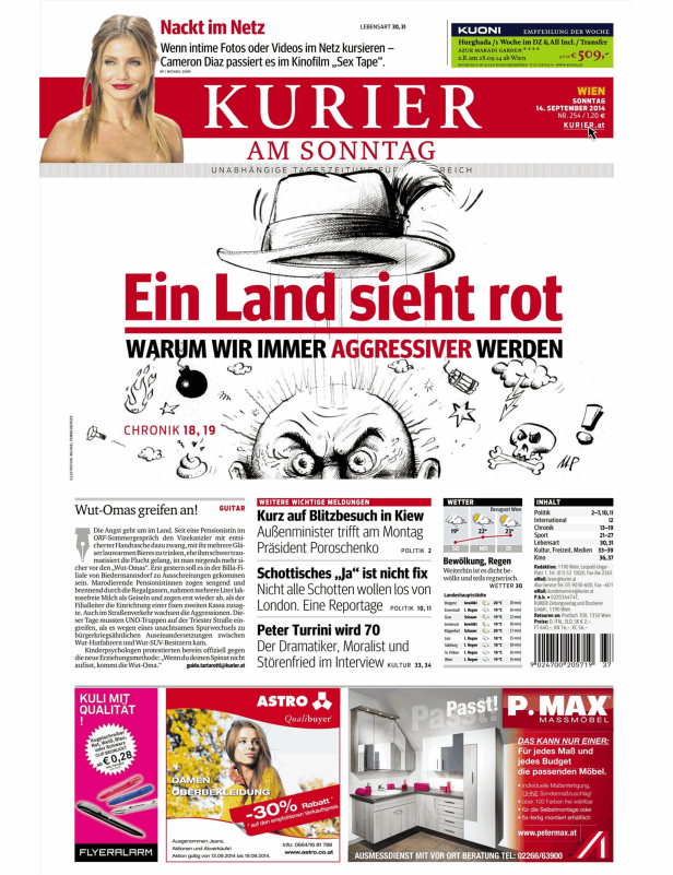 Titelseite des Kurier am Sonntag mit einem Artikel über zunehmende Aggressivität.