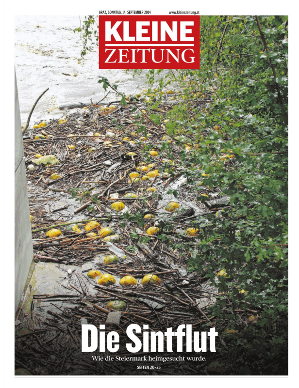 Ein überfluteter Fluss mit Ästen und Kürbissen, aufgenommen in der Steiermark.