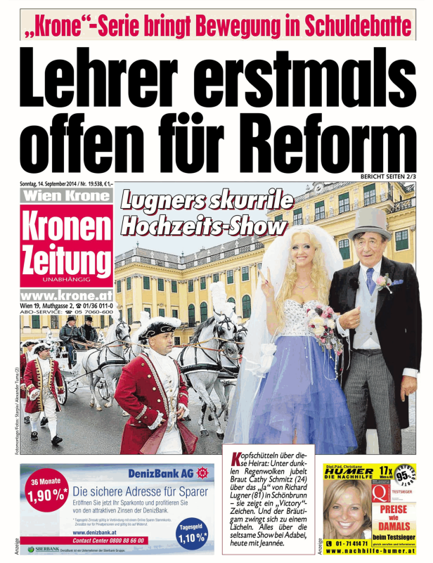 Titelseite der „Kronen Zeitung“ vom 14. September 2014 mit der Schlagzeile „Lugners skurrile Hochzeits-Show“.