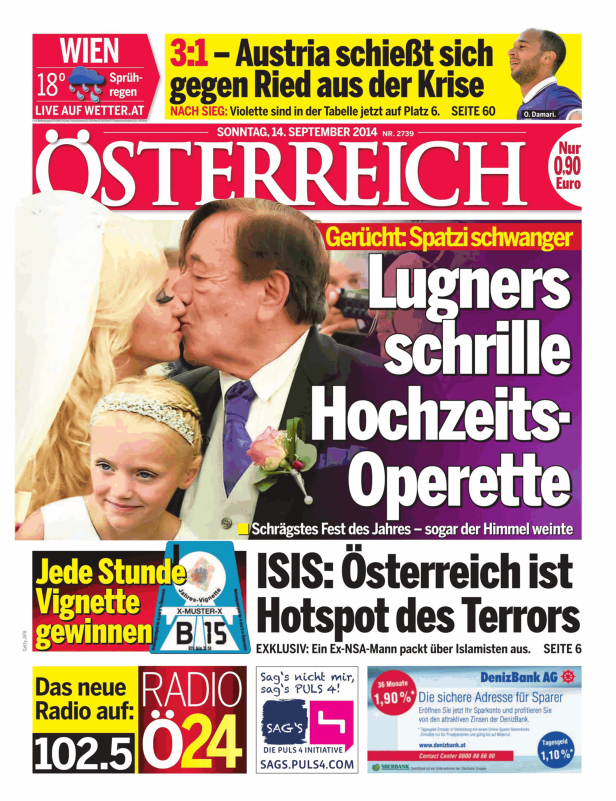Titelseite der Zeitung „Österreich“ vom 14. September 2014 mit einem Foto von Richard Lugner und seiner Frau beim Kuss.