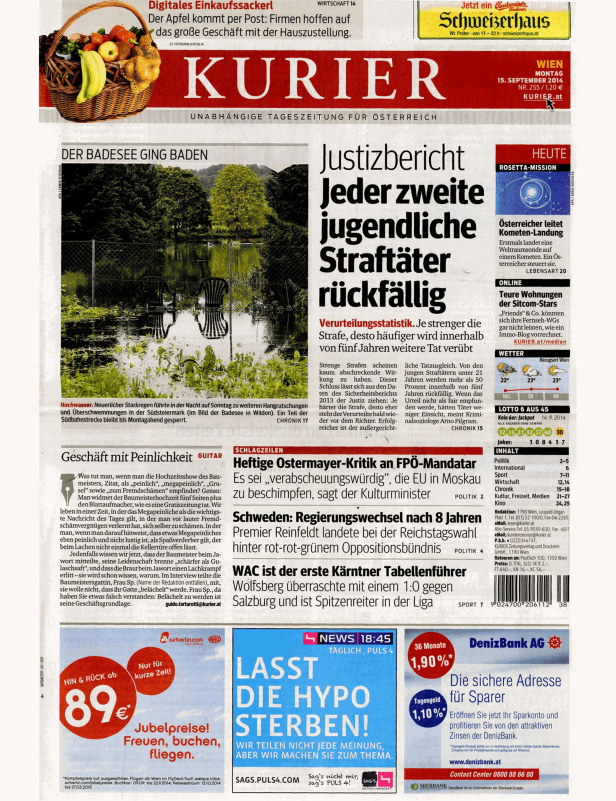 Titelseite der Zeitung „Kurier“ vom 15. September 2014 mit verschiedenen Nachrichten und Schlagzeilen.