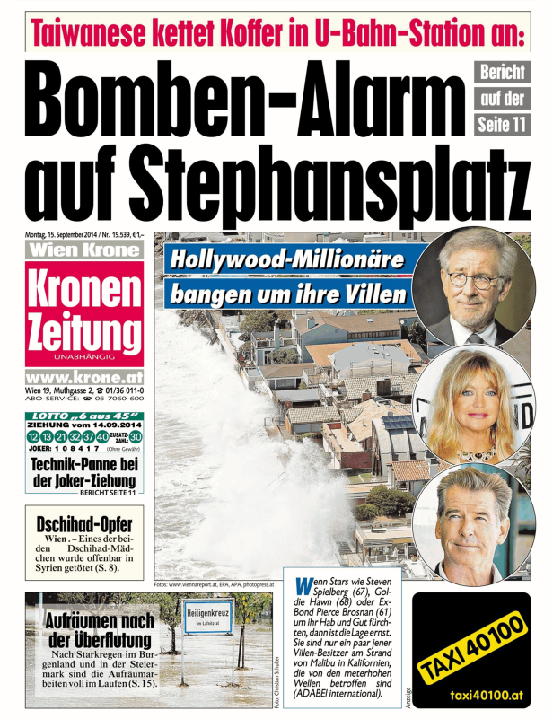 Titelseite der Kronen Zeitung vom 15. September 2014 mit Artikeln über Bombenalarm und Hollywood-Millionäre.