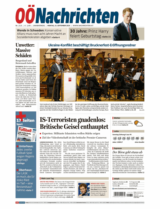 Titelseite der „OÖNachrichten“ vom 15. September 2014.