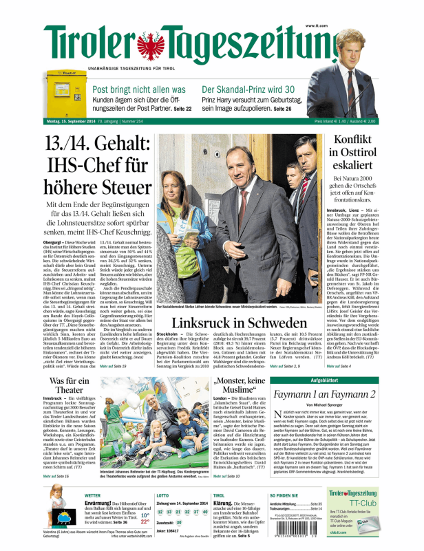 Titelseite der Tiroler Tageszeitung vom 15. September 2014.