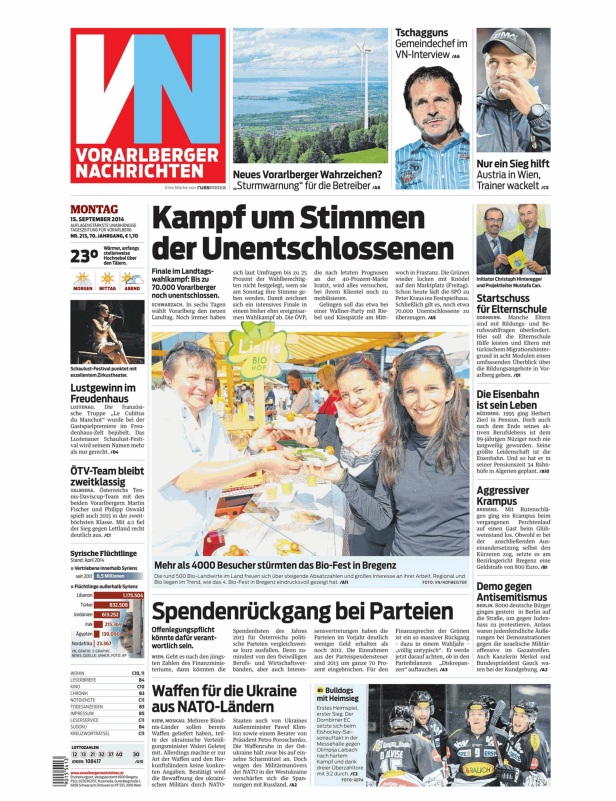 Titelseite der Vorarlberger Nachrichten vom 15. September 2014.
