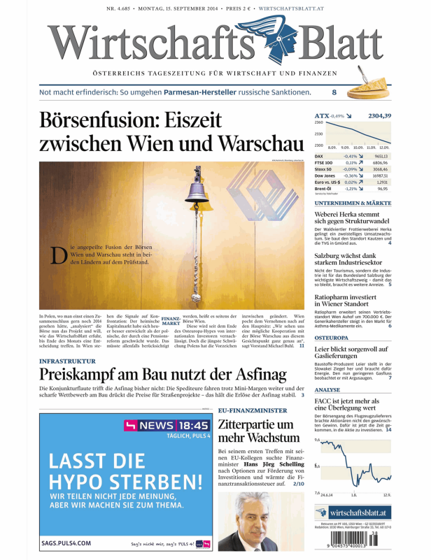 Titelseite des Wirtschaftsblatt vom 15. September 2014 mit Artikeln zu Wirtschaft und Finanzen.