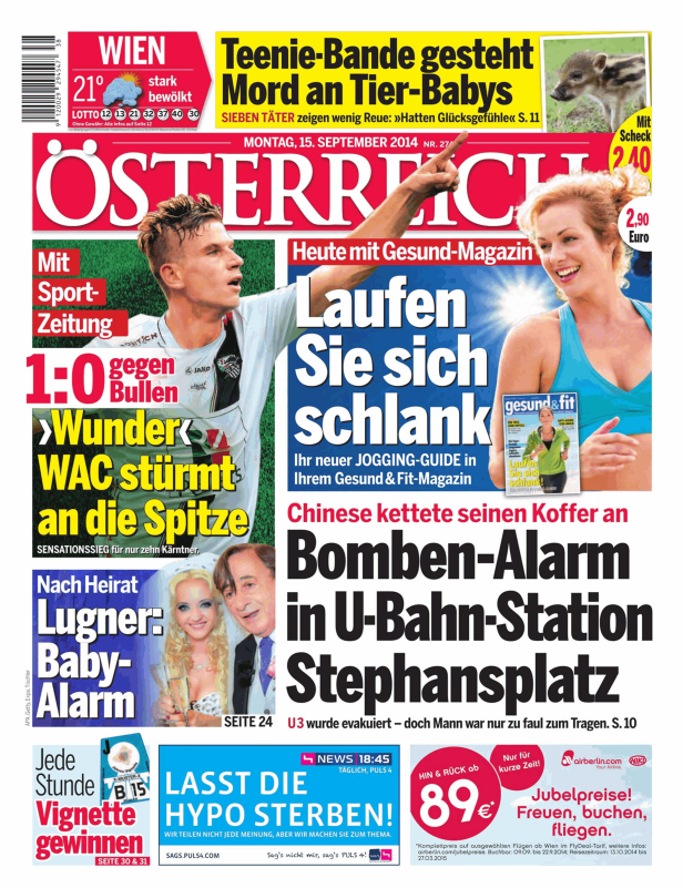 Titelseite der österreichischen Tageszeitung vom 15. September 2014.