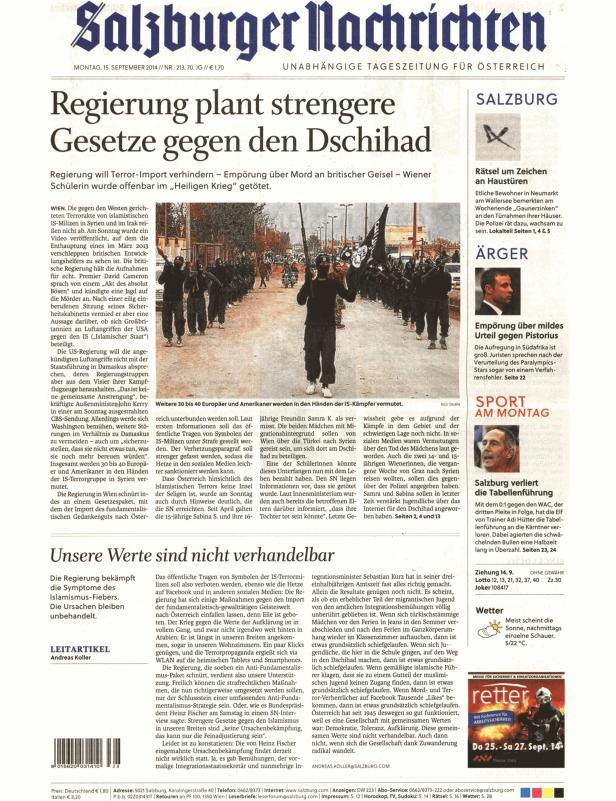 Titelseite der Salzburger Nachrichten vom 15. September 2014 zum Thema „Regierung plant strengere Gesetze gegen den Dschihad“.