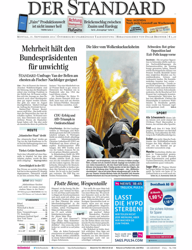 Titelseite der Zeitung „Der Standard“ vom 15. September 2014.