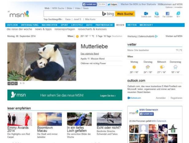 MSN in seiner derzeitigen Version, das künftig als veraltetes Erscheinungsbild zu gelten hat. (c: msn.com)
