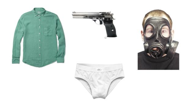 Ein grünes Hemd, eine Pistole, eine Unterhose und eine Person mit Gasmaske auf weißem Hintergrund.