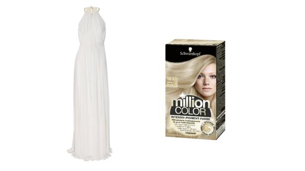 Ein weißes, ärmelloses Kleid neben einer Packung Schwarzkopf Million Color Haarfarbe.
