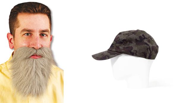 Ein Mann mit Bartattrappe und eine Kappe mit Tarnmuster vor weißem Hintergrund.