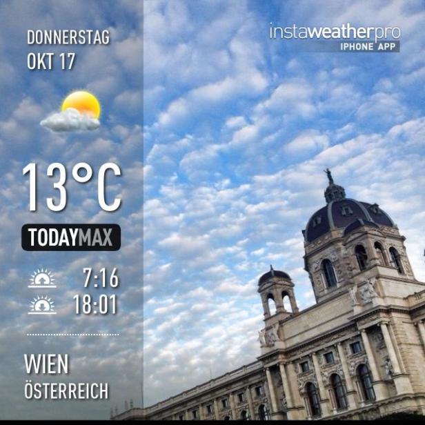 Das Kunsthistorische Museum in Wien unter einem bewölkten Himmel bei 13 Grad Celsius.