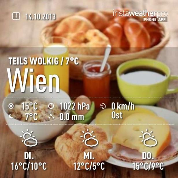 Ein Frühstückstisch mit Croissants, Marmelade, Kaffee und einer Wettervorhersage für Wien.