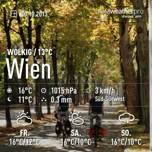 Zwei Radfahrer fahren auf einem Weg in Wien entlang, Wetterinformationen sind eingeblendet.