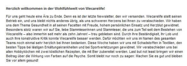 Faksimile des letzten, am 24. Februar 2014 erschienen Wecarelife.at-Newsletters. Ein Text, der die Leser des letzten Wecarelife-Newsletters begrüßt und sich für ihre Treue bedankt.
