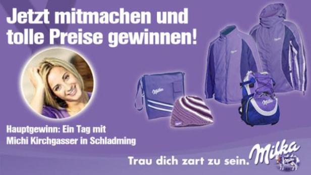 Eine Frau lächelt neben Milka-Produkten und dem Text „Gewinne einen Tag mit Michi Kirchgasser in Schladming!“.