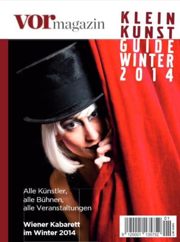 Kleinkunst Guide - Ausgabe 1/2014 (c: vormagazin) Das Cover des „Vormagazin Klein Kunst Guide Winter 2014“ zeigt eine Frau im Zylinder mit weiß geschminktem Gesicht.