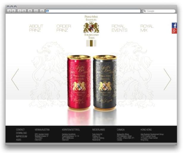 Prinz Max Emanuel Thurn und Taxis - Online-Präsentation. (c: spic) Die Webseite von Prinz Max Emanuel Thurn und Taxis mit zwei Getränkedosen im Vordergrund.