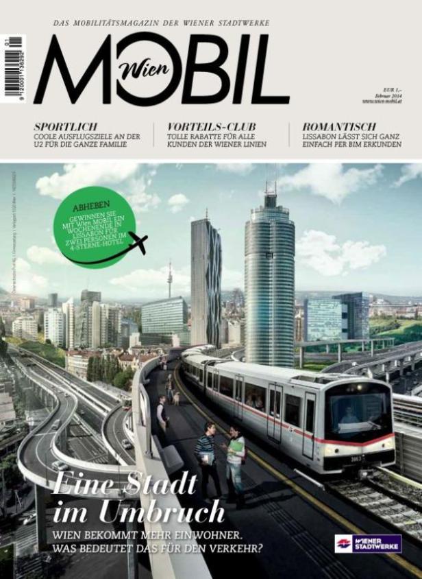 Das Cover des „Wien Mobil“-Magazins zeigt eine U-Bahn vor der Skyline von Wien.