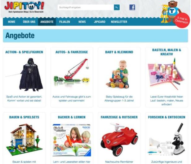 (bilder aller c: add brain handels gmbh) Die Webseite eines Spielwarenladens namens JIPITOY mit verschiedenen Produktkategorien.