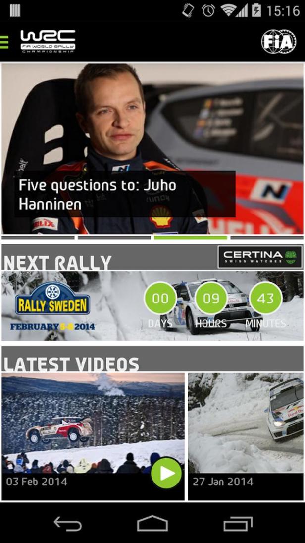 Screenshot einer WRC-App mit Informationen zur Rallye Schweden und einem Interview mit Juho Hänninen.