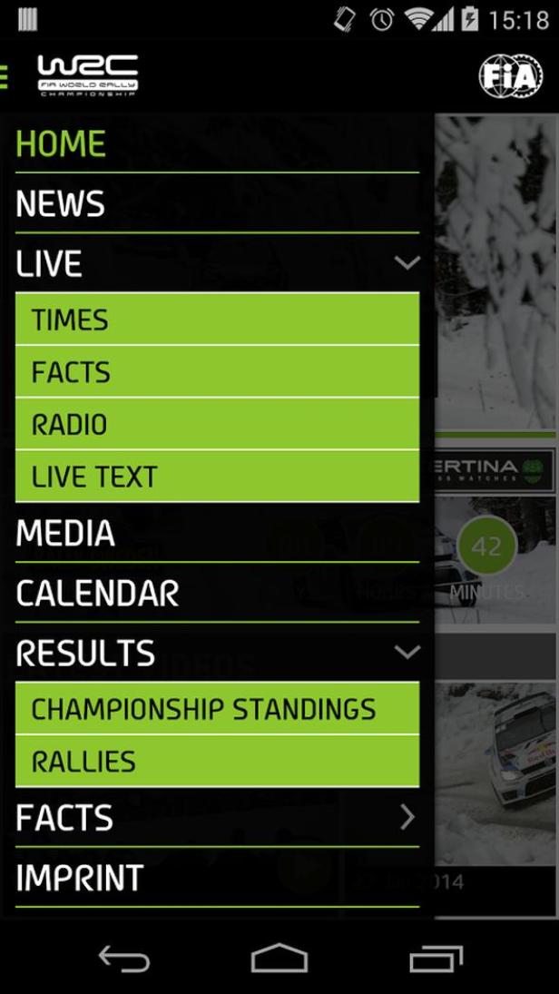 Ein Screenshot der WRC FIA World Rally Championship App-Navigation.