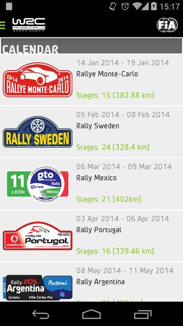 Ein Screenshot einer Kalender-App für die FIA World Rally Championship 2014 mit verschiedenen Rallye-Veranstaltungen.