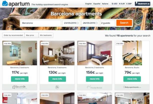 Ein Screenshot der Apartum-Website für die Suche nach Ferienwohnungen in Barcelona.