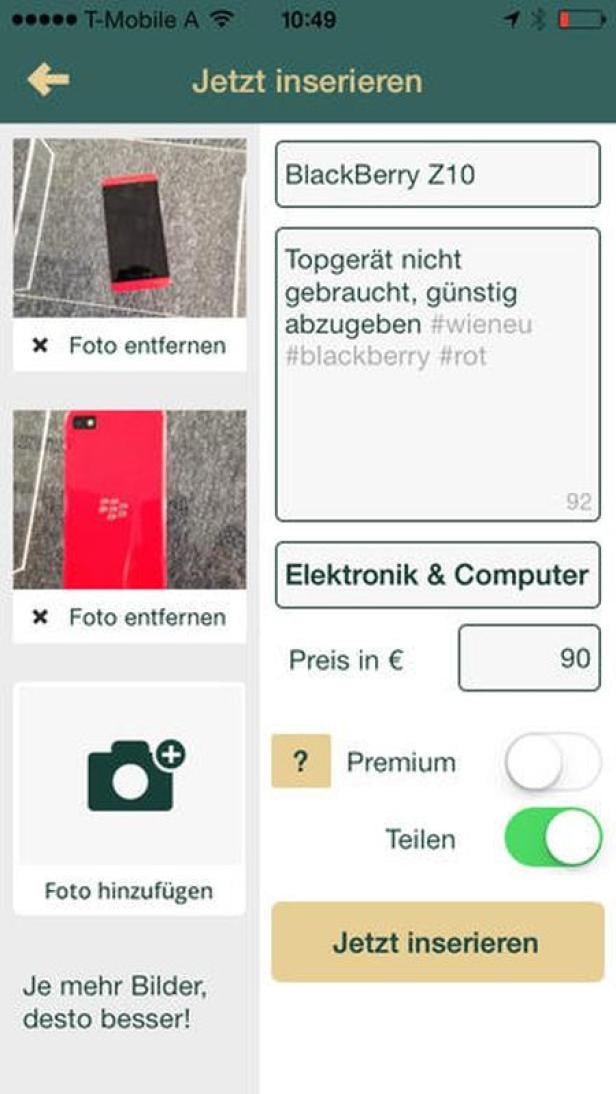 Ein Screenshot einer Verkaufsanzeige für ein rotes BlackBerry Z10 Smartphone.