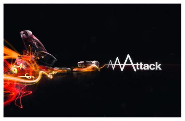 Drei AAA Attack Batterien mit Lichteffekten auf einem schwarzen Hintergrund.