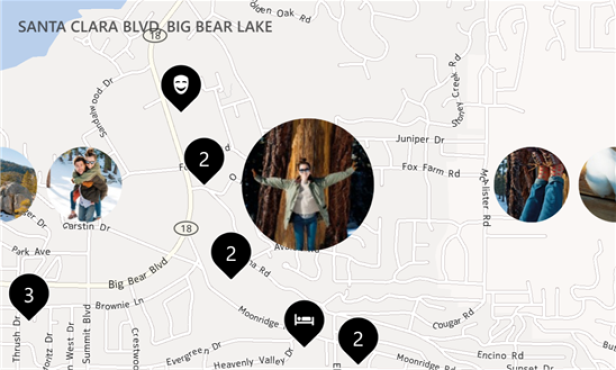 Eine Karte von Big Bear Lake mit verschiedenen Sehenswürdigkeiten und Aktivitäten markiert.