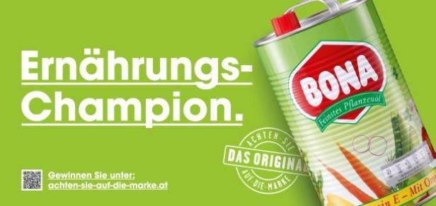 Eine Dose Bona Pflanzenöl, beworben als „Ernährungs-Champion“.