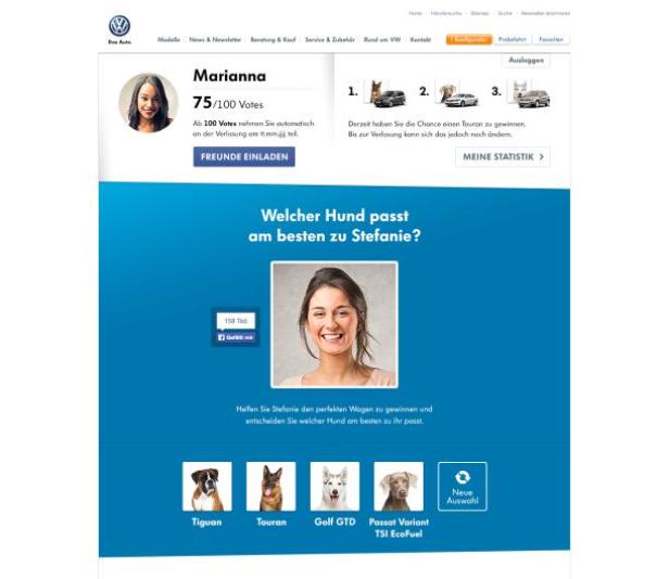 Eine Volkswagen-Website fragt: Welcher Hund passt am besten zu Stefanie?.