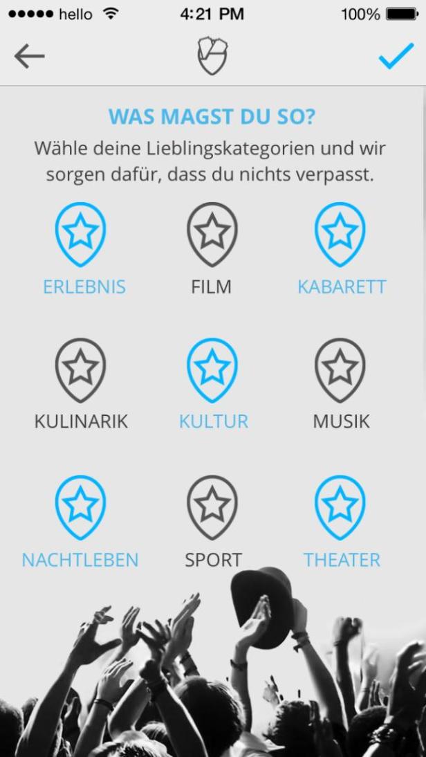 Ein App-Bildschirm mit der Frage „Was magst du so?“ und verschiedenen Kategorien zur Auswahl.