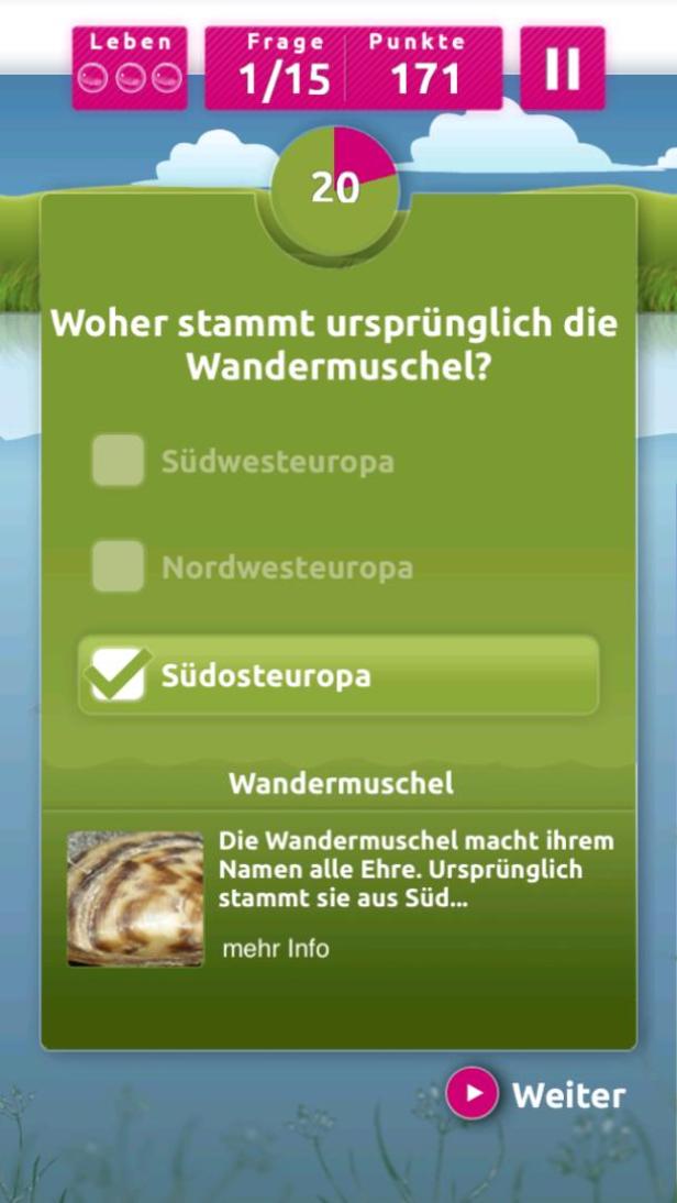 Ein Quizspiel fragt nach der Herkunft der Wandermuschel; die Antwort „Südosteuropa“ ist ausgewählt.