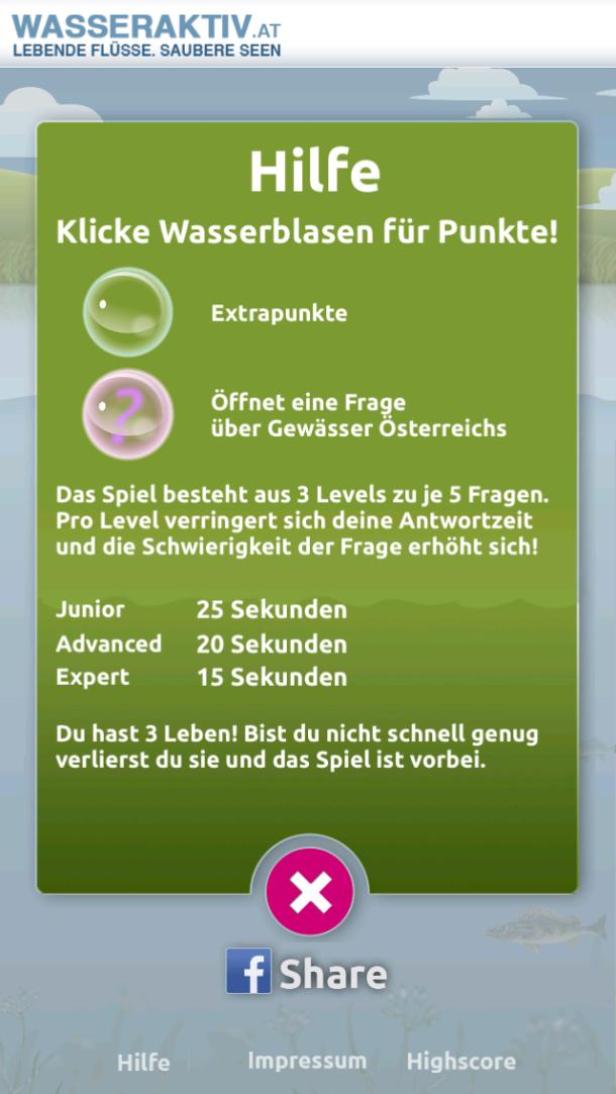Ein Hilfebildschirm des Wasserspiele-Apps „wasseraktiv.at“ erklärt die Spielregeln.