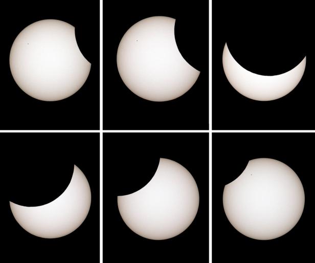 Eine Collage von Bildern, die eine partielle Sonnenfinsternis zeigen.