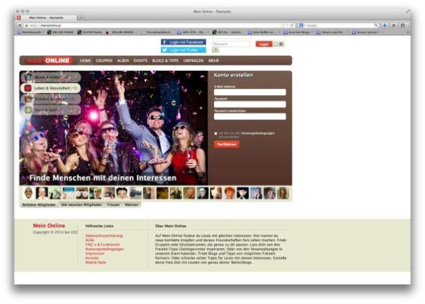 Die Startseite der Online-Dating-Plattform „Mein Online“ mit Party-Motiv.