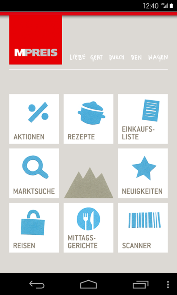 Ein Screenshot der MPreis-App mit verschiedenen Optionen wie Aktionen, Rezepte und Marktsuche.