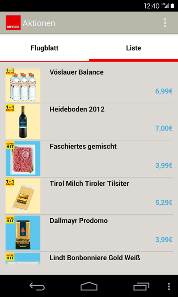 Ein Screenshot einer Angebotsliste der Supermarktkette MPreis auf einem Smartphone.
