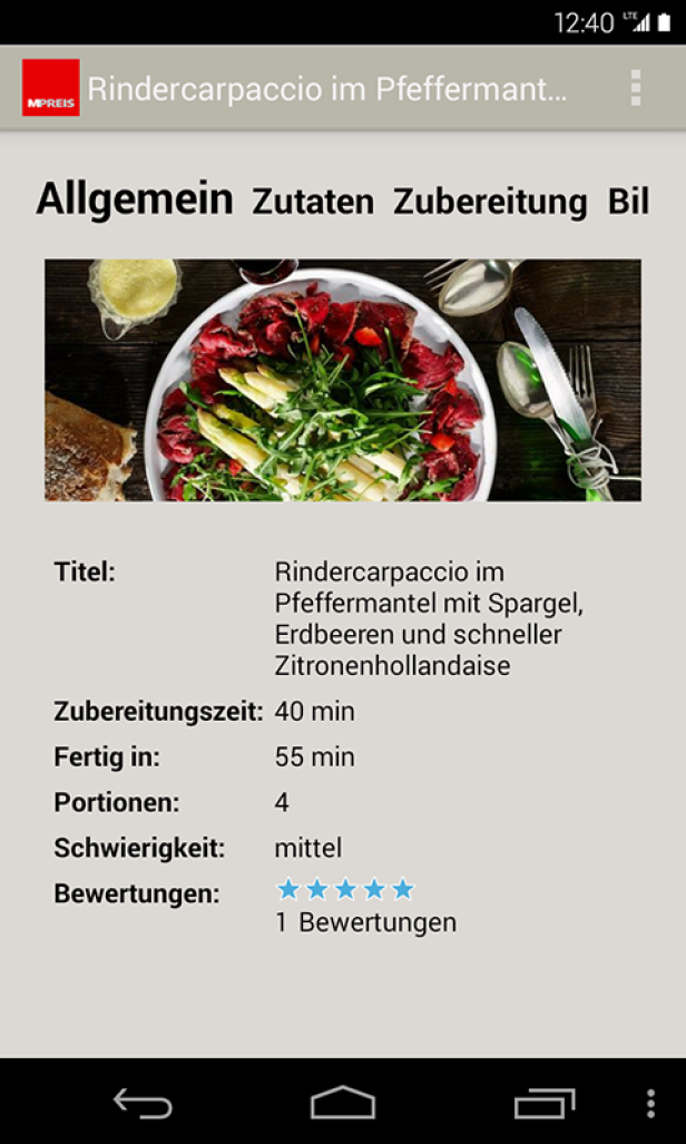 Ein Teller mit Rindercarpaccio, Spargel, Erdbeeren und Zitronenhollandaise.