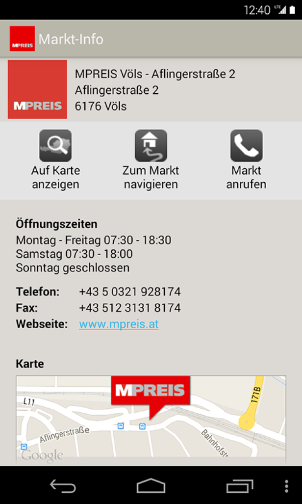 Ein Screenshot der MPREIS Markt-Info App mit Informationen zu einer Filiale in Völs.