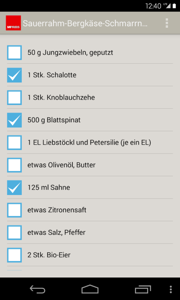 Ein Screenshot einer Zutatenliste für Sauerrahm-Bergkäse-Schmarrn auf einem Smartphone.
