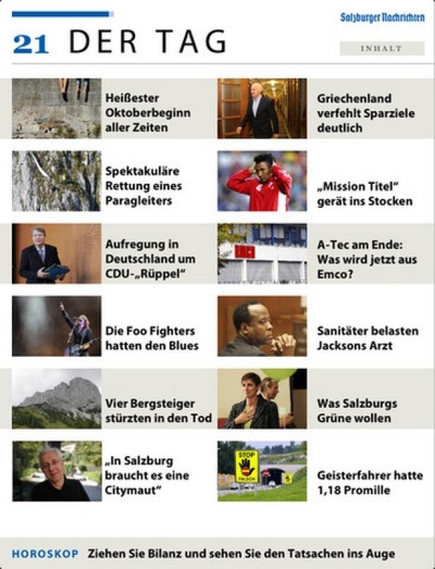 SN/HD - iPad-App - Salzburger Nachrichten Titelseite der Salzburger Nachrichten vom 21. des Monats mit verschiedenen Nachrichten.