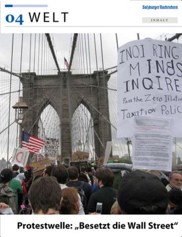 SN/HD - iPad-App - Salzburger Nachrichten Demonstranten versammeln sich vor der Brooklyn Bridge während der „Occupy Wall Street“-Bewegung.